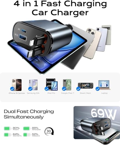 Image of 100W 4-in-1 Retractable Car Charger with Dual USB Ports, Fast Charging Compatible with iPhone 15 /14 /13 /12 Pro Max, iPad, Pixel, and More - 31.5-inch Retractable Cables, Silver Car Adapter (Pull Back)