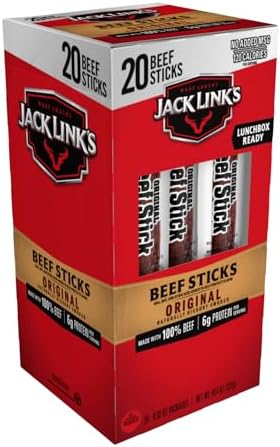 Jack Link's Original Beef Jerky Sticks - Made with 100% Real Beef - Ready to Eat Real Meat Protein Snacks - 6g Protein per Serving - 0.92 oz Meat Stick, 20 Count