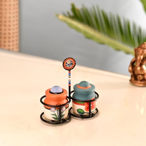 Image of Aakriti Art Creations Inu-Minu Salt & Pepper Set with Handpainted Stand | Handcrafted Floral Art Kitchen & Dining Dispenser Set | Salt Pepper Shaker for Dining Table | Kitchen Decor Items Stylish