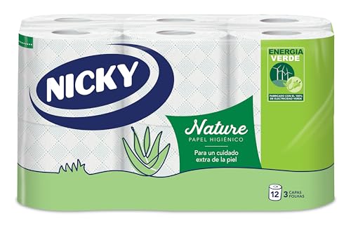 Nicky Nature Papel Higiénico - Paquete de 12 Rollos, 170 Hojas de 3 Capas, Enriquecido con Loción de Aloe Vera, Cómodo y Suave con la Piel, Embalaje Reciclable, Celulosa 100% Pura, Certificación FSC