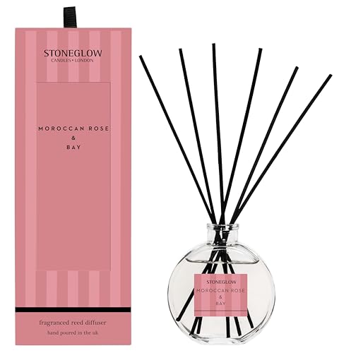Image of Stoneglow Modern Classics Moroccan Rose & Bay Scented Reed Diffuser 120ml with Raspberry & Berry Notes, 12 Rattan Reed Diffuser Sticks, Lasts 10 Weeks, Refillable Home Fragrance