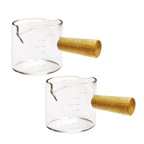 Losueeun Juego de 2 vasos de chupito de espresso con boquilla doble, vaso medidor, tazas de espresso, utensilios de cocina con mango de madera para café con leche, 75 ml, duradero