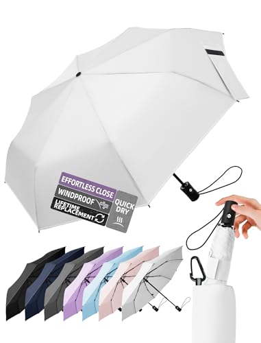 LILAC Compact Travel Windproof Umbrella 43 Auto open/close Folding Quick Dry Umbrellas for Rain Lightweight Portable Small for Backpack Car Thoughtful Gift for Women Men Kids TSA Approved 1-White
