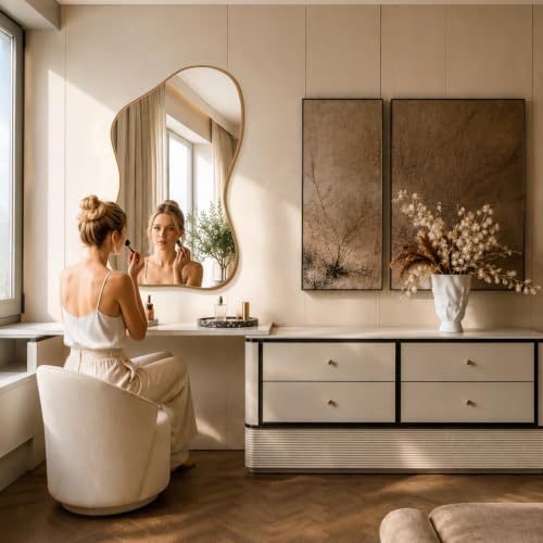 PIUDOC 40''x26'' Irregular Wall Mirror with Gold Frame, Asymmetrical Abstract Decorative Mirror for Bedroom Living Room Entryway, Modern Organic Shaped Wall Mirror — view 5