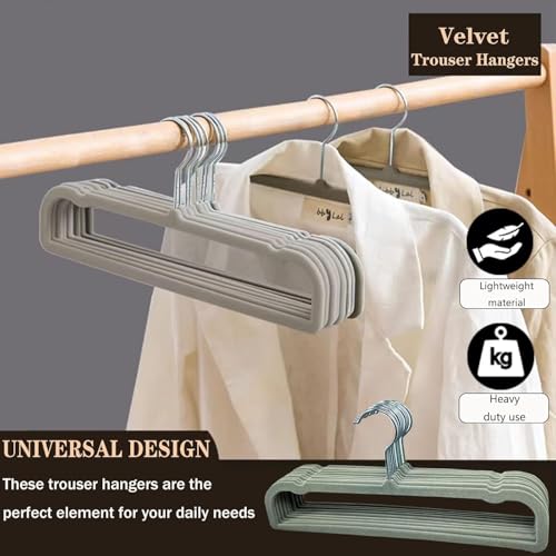 Image of 20 Pack Velvet Pants Hangers for Closet Space Saving, Thin Hanger (Grey) | 35cm(L) Heavy Duty Flocked Trouser Hangers, Durable, Clothes Hanger with Silver Swivel Hook, Jean Hangers for Women and Men