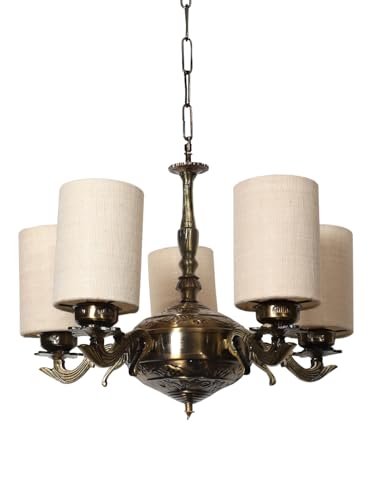 Image of Devansh 05 Lights White Jute Round Shade with Antique Golden Chandelier