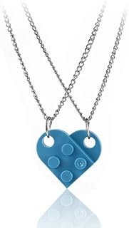 Multicolor Heart Peach Puzzle Couple Necklace Lego Bricks Puzzle Assembled Pendant Necklace Love Heart Matching Block for Women Girl Valentines Day Friendship Jewelry Gift (G blue)