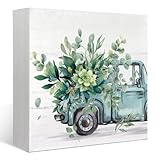 FLVGE Farmhouse Spring Eucalyptus Leaves Wooden Box Sign Decor, Botanical Truck Wooden Block Plaque Sign Decoration for Shelf Table Farmhouse Tiered Tray Decor, 5x5