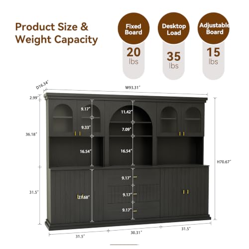 Image of ivaniti 71 inch Arched Kitchen Pantry Cabinet Set of 3, Black Freestanding Storage Hutch Combination with 2 Glass-Door Coffee Bar Cabinets and 1 Three-Drawer Open Shelf Cabinet for Kitchen