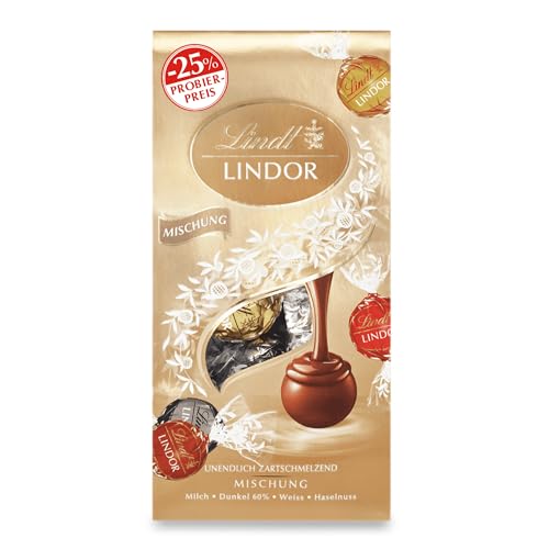 Lindt Schokolade LINDOR Mischung | Promo | 4 x 137g Beutel | ca. 10 LINDOR Kugeln mit zartschmelzender Füllung in den Sorten Milch, Dark 60%, Weiß, Haselnuss | Pralinen-Geschenk | Schokoladen-Geschenk