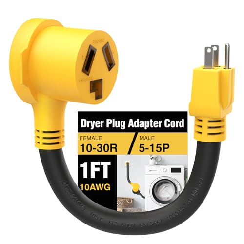 Renters Friendly NEMA 5-15P Household Plug to 10-30R Dryer Adapter Cord 12 Inch Heavy Duty STW 10 Gauge ONLY for 120V Device EV Power Cord