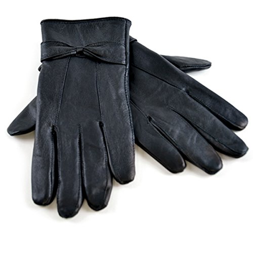 Ladies Womens Soft Fleece Lined Coloured Genuine Leather Bow Gloves Winter M/L