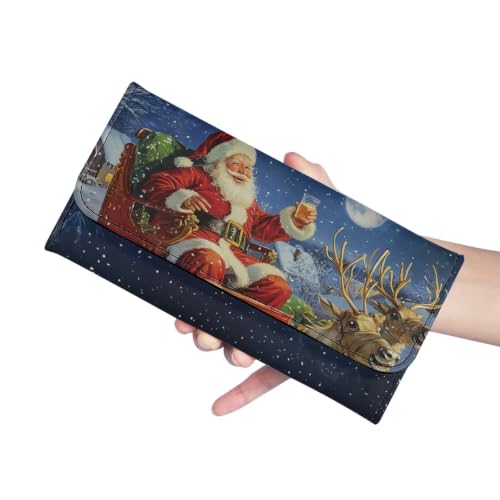 Image of AFPANQZ Women's PU Leather Three Fold Wallet Elegant Purse for Everyday Use | Funny Santa Claus Print Long Trifold Clutch Purse, Credit Card Money Organizer with ID Window, Christmas Decor