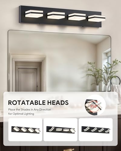 Image of VONLUCE Bathroom Vanity Light Fixture, 4-Light Modern LED Vanity Light, 3CCT Adjustable Bathroom Lights with Memory Function Rotatable Shades, 26 inch Wall Lighting Fixture Over Mirror, Matte Black