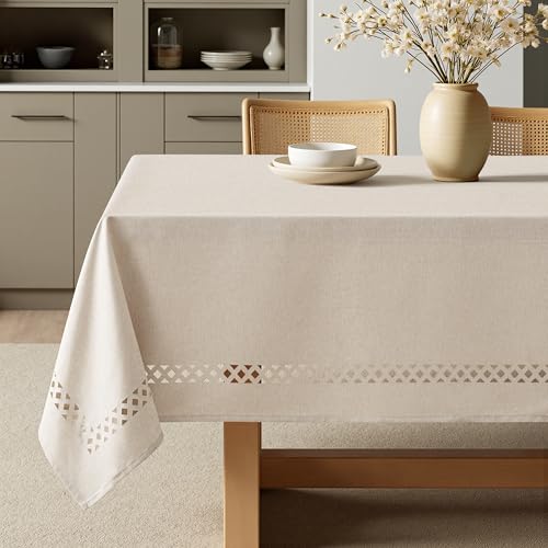 Miniatura 3 de Miulee Tovalla Imitación Lino De 140x240 Cm Rectangular Impermeable Y A Prueba De Manchas Con Un Elegante Diseño De Corte Adecuada Para Mesas De Comedor Cocina Jardín Y Fiestas Beige