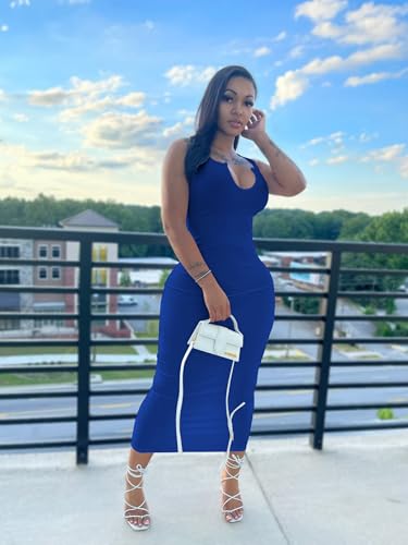 Image of Nimsruc Women Casual Sexy Deep U Neck Tank Top Bodycon Dress Summer Sleeveless Wrap Long Basic Party Club Maxi Dresses