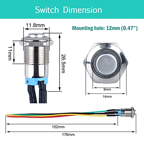 Image of 2Pcs 12mm Metal Latching Push Button Switch Waterproof Anti-Vandal High Round Head Silver Shell with 15cm Pre-soldered Cable 1NO 12V-24V ON-Off for 1 /2 inch Mounting Hole with Halo Ring Green LED