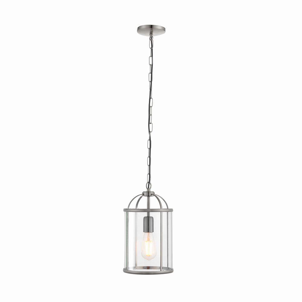 Satin Nickel and Clear Glass Metal Framed E27 Dimmable 1 Lamp Pendant Hanging Ceiling Light