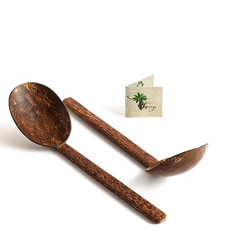 Image of Thenga Handmade Wooden Coconut Shell Serving Spoon Set - 33 cm | Eco-Friendly Kitchen Tools for Cooking & Serving | Safe for Non-Stick Pans & Clay Pots - Rustic Natural Utensils (Set of 2)