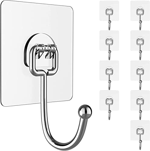 Large Adhesive Hooks for Hanging Heavy Duty Wall Hooks 22 lbs Self Adhesive Towel Hook Waterproof Transparent Hooks 10 Pack