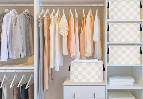 Image of MAIZMZ Beige Check Storage Basket Baby Toys Organizer Bins Decorative Gifts Bakset Waterproof Nursery Hamper Women Storage Cube Kids Laundry Basket for Home /Dorm /Kitchen /Pet /Office /Closet /Shelf /