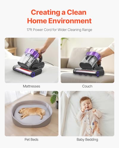Image of VEVOR Mattress Vacuum Cleaner, 550W Bed Vacuum Cleaner with 18Kpa Powerful Suction and Dual Dust Bin, HEPA Filter & Heating, Ultrasound Tech & Cleaning Lights, Handheld for Bed, Sofa, Corded, Gray