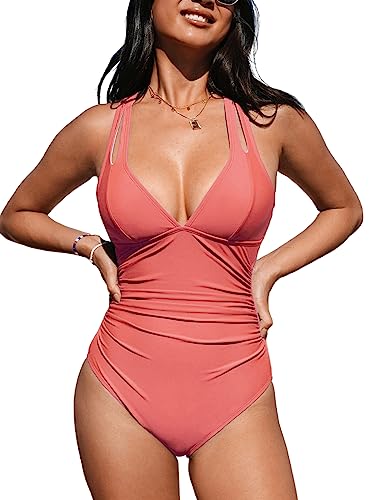CUPSHE Damen Badeanzug V Ausschnitt Bauchweg Raffungen Tiefer Rückenausschnitt Crossback Einteilige Bademode Swimsuit Korallenrot L