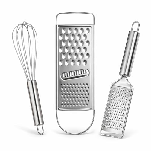 Image of Stainless Steel Kitchen Tool Set 3 Pieces with Flat Grater, Handheld Cheese & Vegetable Grater and Egg Whisk Beater, Durable Rust Resistant Cooking Tools for Kitchen, Easy to Clean, Strong Grip Handle