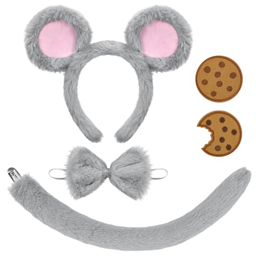 Hikkcos Mouse Costume Set and Cookie Sticker Rat Costume Mouse Ears and Tail Set Grey Nose Bow Tie Halloween Party Accessories for Adults