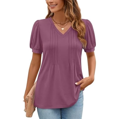 Aodemo Womens Summer Dressy Casual Blouse Puff Short Sleeve Shirts Pleated Business Tunic Top for Work L, Purple Red Cover