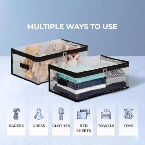 Image of ALPHIT SALES Transparent Storage Bags for Clothes, Saree Cover Organizer, Waterproof PVC Storage Bag, Wardrobe Clothes Organizer for Small Blankets, Bedsheets, Toys & Documents (Pack of 6)