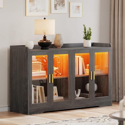 DWVO 55'' Sideboard Buffet Cabinet, Bar Cabinet with LED Light, Doors & Adjustable Shelves for Kitchen, Dining Room, Living Room, Charcoal Grey