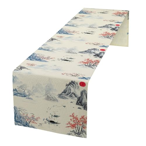 Image of Chinese Ink Mountain Table Runner,Zen Style Oriental Art Linen Table Decor with Blue Landscape & Red Trees for Buffet, Wedding Reception, Home Decor, Durable & Washable 13x90 Inch