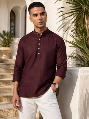 Image of Majestic Man Men's Pure Cotton Solid Mandarin Collar Slim Fit Roll-Up Sleeves Short Kurta Lightweight Summer Kurta for Daily & Occasion Use