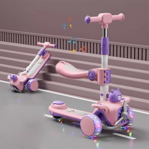 Image of 2-in-1 Multi Mode Kick Scooter for 3-10 Years Old Kids | 3-Level Height Adjustable Handlebar | Music & PU LED Flashing Wheels | Foldable and Lightweight (KS-213 Pink /Purple)