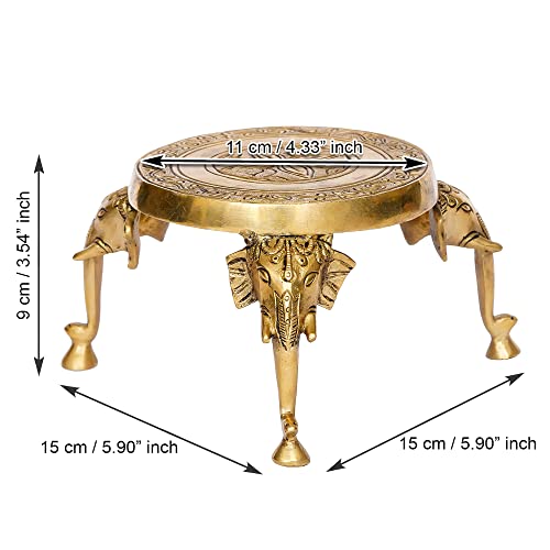 Image of eCraftIndia Golden Brass Chowki with Elephant Design Legs | Decorative Traditional Chowki for Idols & Rituals, Home Temple Gift Housewarming Birthday