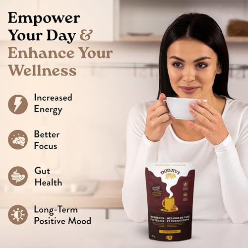 Dodjivi Organic Mushroom Coffee Blend - Lion's Mane, Chaga, Reishi, Turkey Tail, 100% Arabica Coffee Media Roast - Immune System Support, Better Focus, Energy - (18-36 Count/Cups)