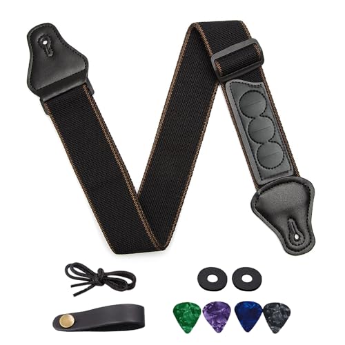 SYEYCW Negro Correa de Guitarra, Guitar Strap Tejida de Algodón, 4 Púas de Guitarra, 2 Cierres de Correa de Goma, Adaptador de Cabezal con Hebilla, para Guitarras Acustica, Guitarras Electrica, Bajo