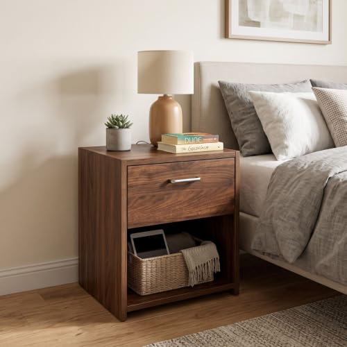 Image of FFO Modern Bedside Table with Drawer & Open Shelf, Wooden Top with Metal Frame, Compact Nightstand for Bedroom, Side Table with Storage, End Table for Living Room