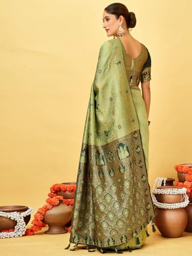 Satrani Women's Banarasi Silk Weaving Stone Work Saree With Unstitched Blouse Piece (4246S6722N_Pista Green)