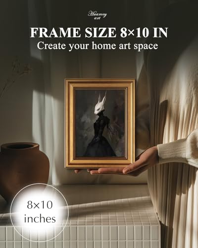 Image of HUARCEY Gold Framed Vintage Wall Art Canvas Prints Gothic Room Decor Vintage Rabbit Lady Wall Decor, Aesthetic Dark Academia Halloween Pictures Oil Painting Goth Decorations 8x10in