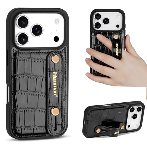 Étui en cuir pour iPhone 17 Pro antichoc crocodile noir avec béquille stable