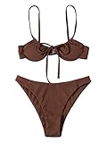 SheIn Women's 2 Piece Swimsuit Tie Underwire Bra and Panty Bikini Set Beach Wear Coffee Brown Large