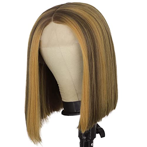 Vigorous Short Bob Wigs for Women Brown Highlights T Part Lace Front Wigs Synthetic Middle Part Wigs Synthetic