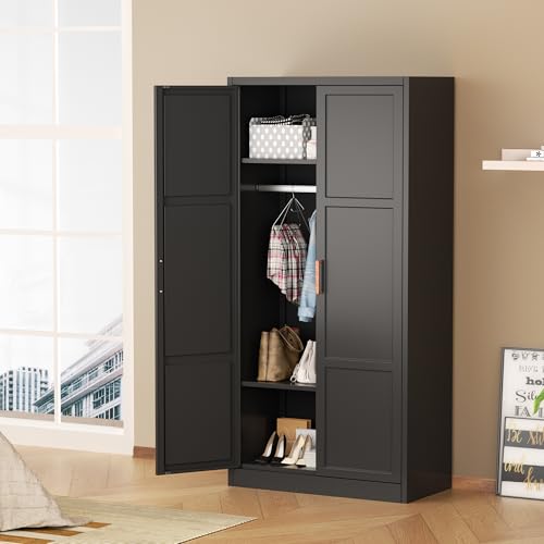 Superday Metal Wardrobe Closet, 72" H Bedroom Armoires with Wooden Handle, Storage Cabinet with Adjustable Shelves and Hanging Rods, Steel Storage Locker Closet for Home, Office, Employee, Gym (Black) - Image 3