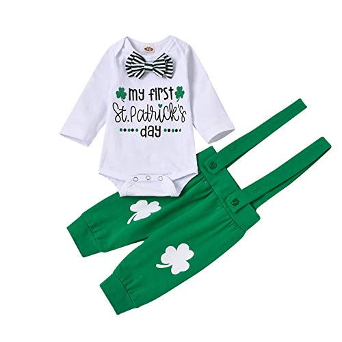 Baby Boys Girls Cute ST Patrick's Day Romper Clover Pants Gentleman Outfits Long Sleeve Letter Print Top Jumpsuit 2PCS Clothes Set Newborn Infant Kids Green Playsuit Bodysuit Costumes 0-24 Months