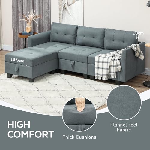 HOMCOM Convertible Modular Sectional Sofa with Storage, Tufted 3 Seater Sofa Set, L Shaped Couch with Ottoman, Wood Frame for Living Room, Dark Grey - Image 6