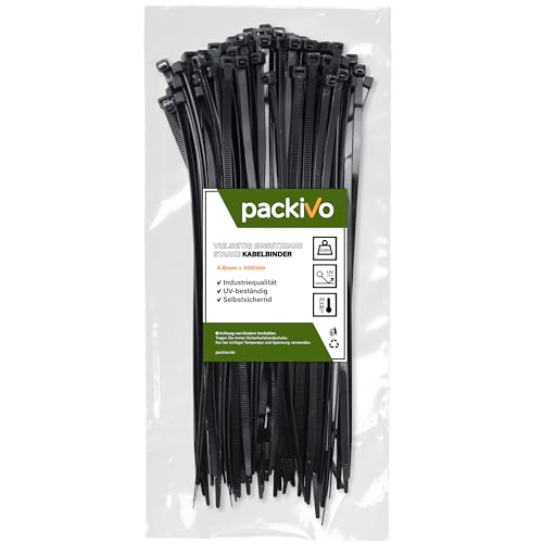 PACKIVO Kabelbinder Schwarz 300 mm x 4 8 mm 100 Stück UV-beständige lange Kabelbinder schwarz mit 22 kg Zugfestigkeit kann für den Innen- und Außenbereich verwendet werden