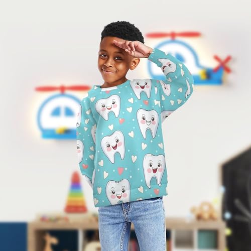 JUNZAN Cute Teeth Dental Health Care Cartoon Green Big Boys Sweatshirts Hoodies Long Sleeve Outerwear for Kids Party 4T4