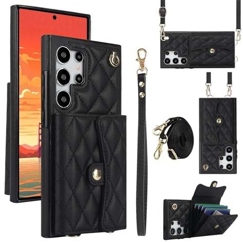 Étui à bandoulière Samsung S25 Ultra en cuir noir avec blocage RFID